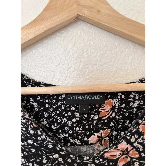 Rowley Cynthia Floral Black Blouse Top Size Large Sleeve Linen Womens Women's 3/ - Picture 3 of 5